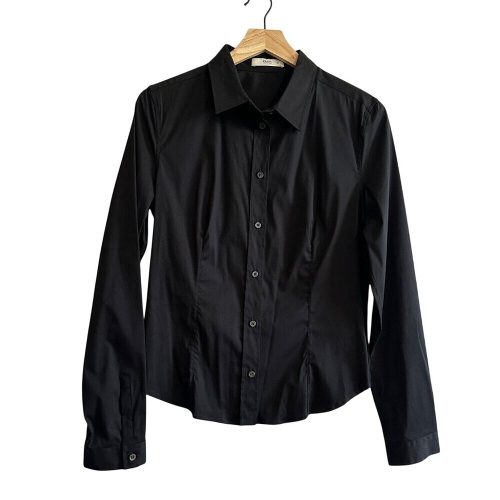 Prada Black Stretch Cotton Long Sleeve Shirt Womens Made in Italy, Size 46IT
